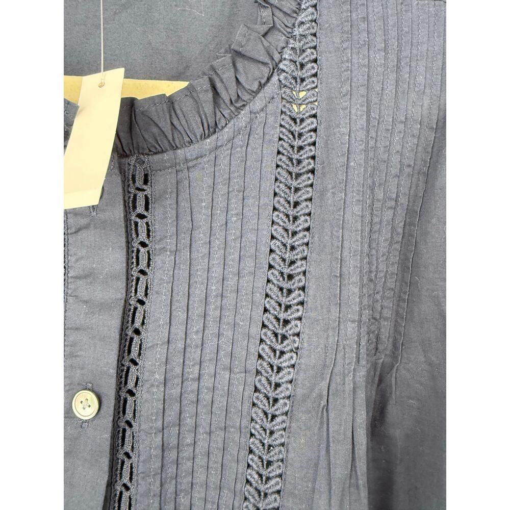 Madewell Navy Pintuck Lace Insert Blouse Ruffle Neck Boho Cottagecore Top L - Picture 7 of 13